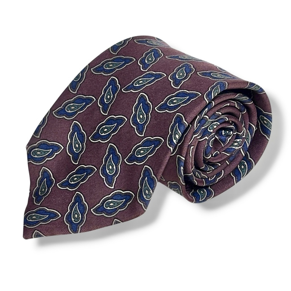 CHANEL Brown Silk Tie Navy Paisley Print Interlocking CC VINTAGE